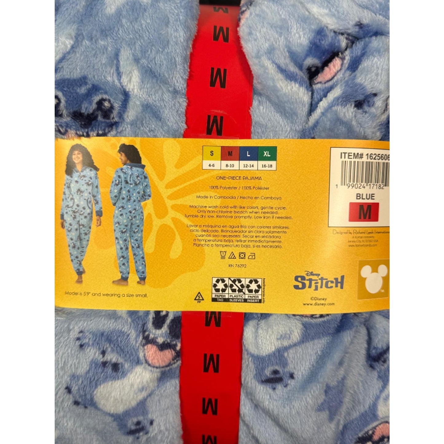 Disney Stitch Women’s One-piece Pajama Blue Jumper 3 D ears Hooded M New