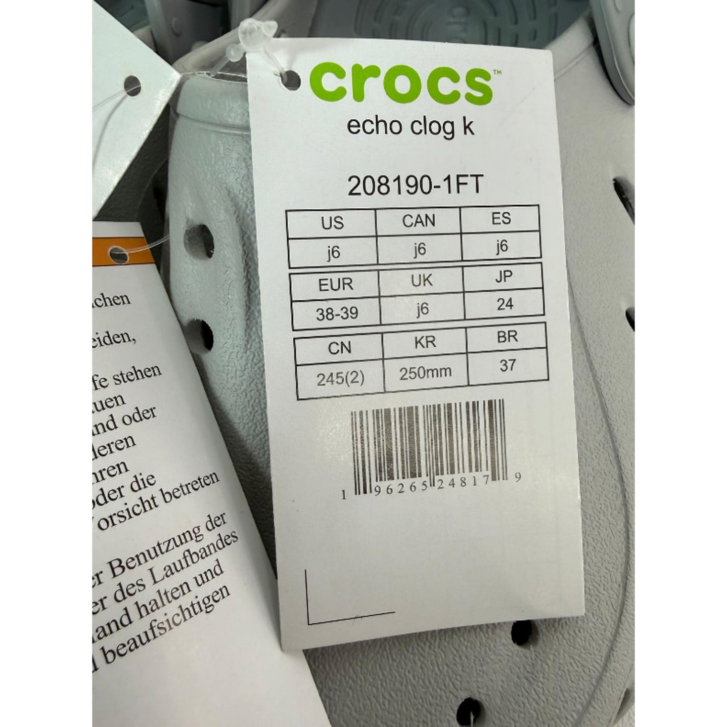 Crocs Echo Clogs Sneakers - Grey - Size 6 - Thermoplastic