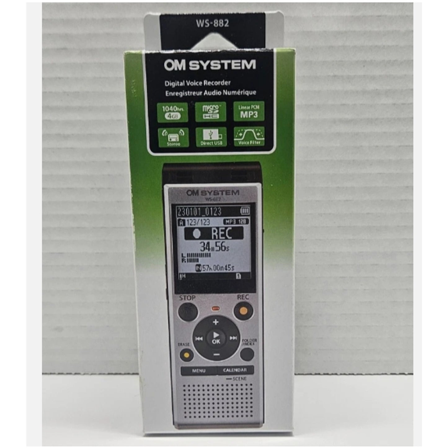 OM SYSTEM WS-882 4GB Digital Stereo Voice Recorder, Silver/Black,050332195363