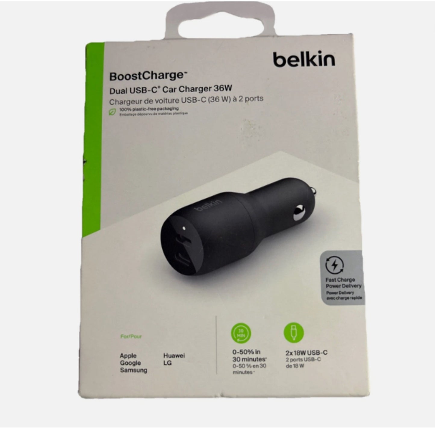 Belkin USB C PD Car Charger 36W Dual 18W USB C Power Delivery Black,745883790432