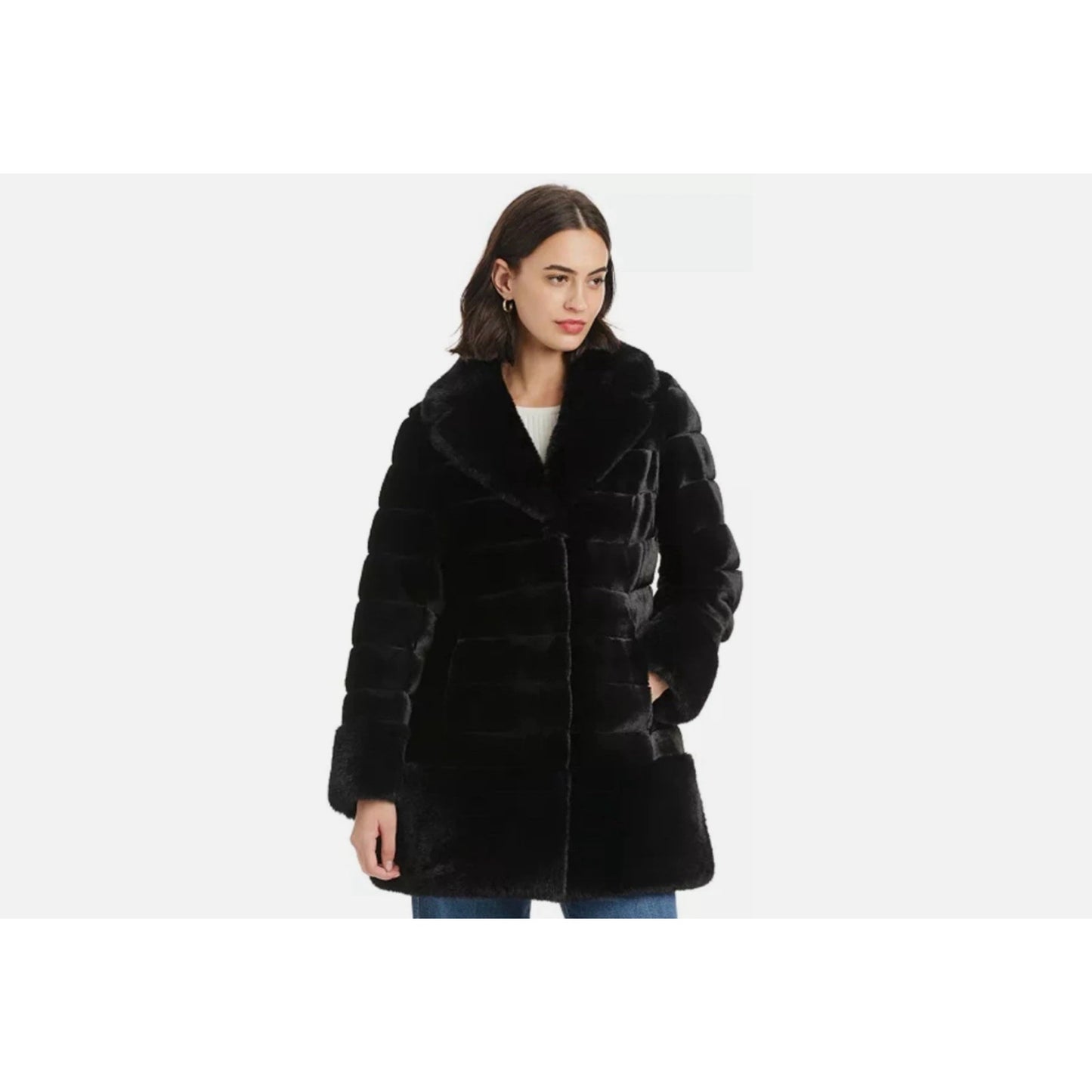 Jones New York Luxurious Black Faux Fur Coat Size L