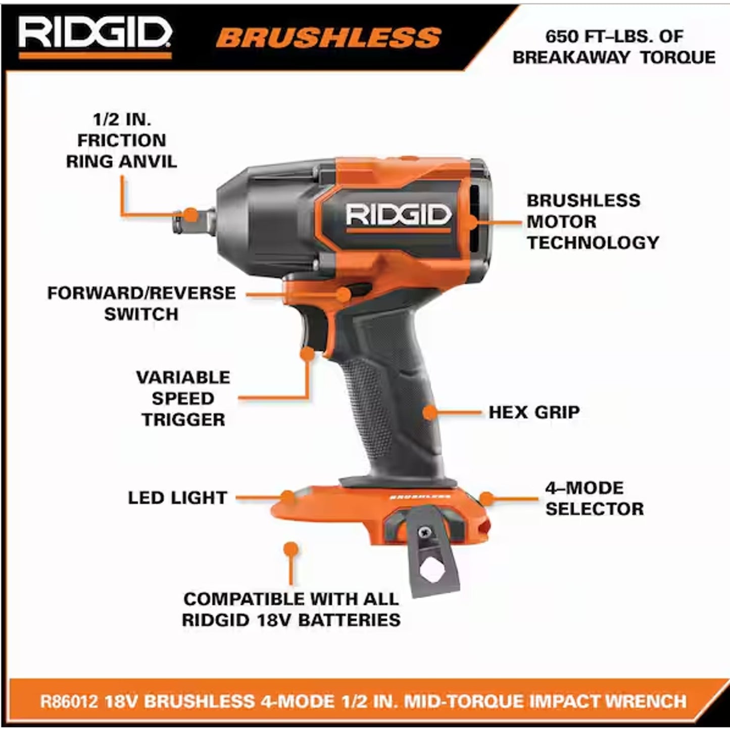 RIDGID R86012B 18V Brushless Cordless 4-Mode 1/2 in. Mid-Torque Impact Wrench