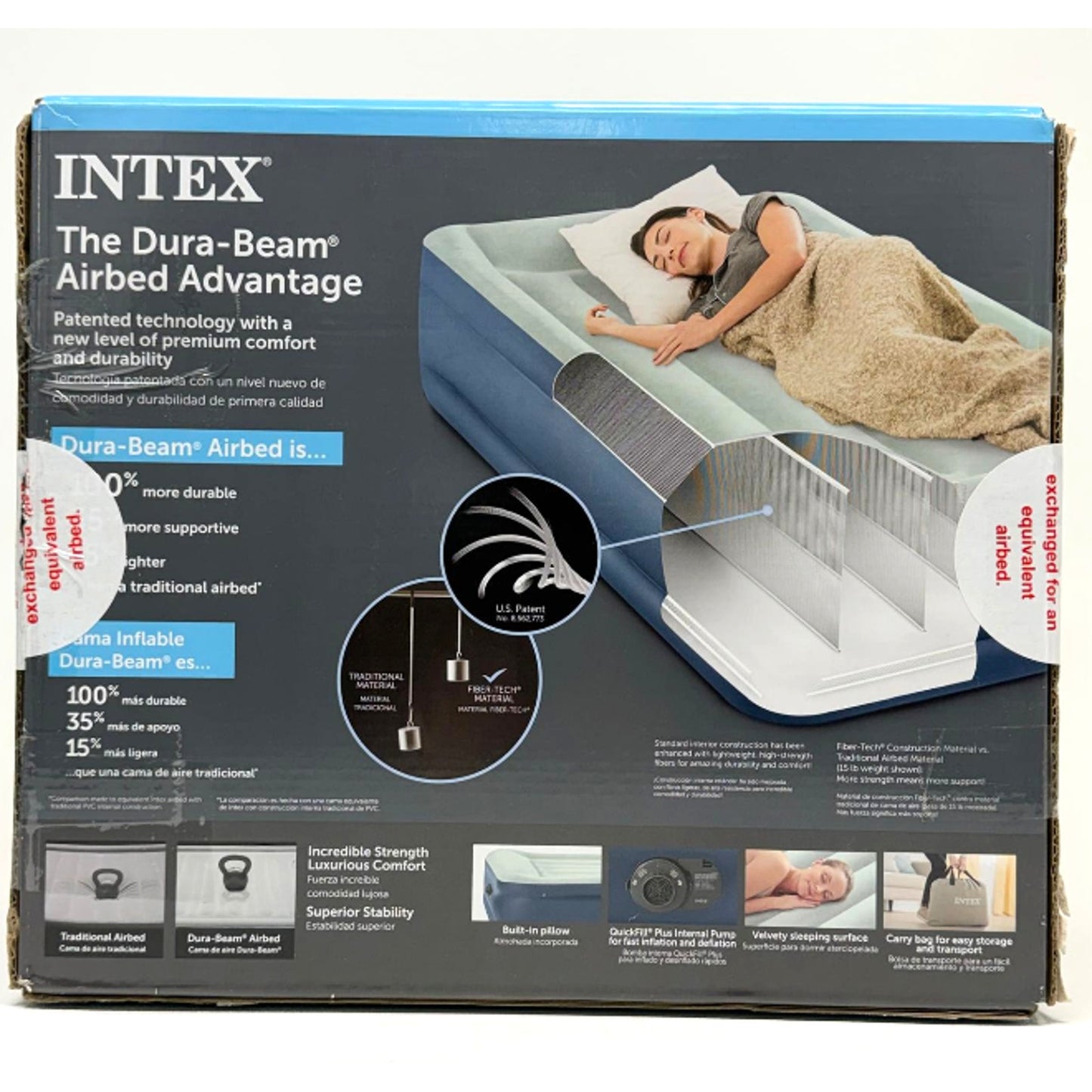 INTEX MID- RISE AIRBED WHITE/BLUE TWIN ELEVATED 18" REST INTERNAL PUMP - BLUE