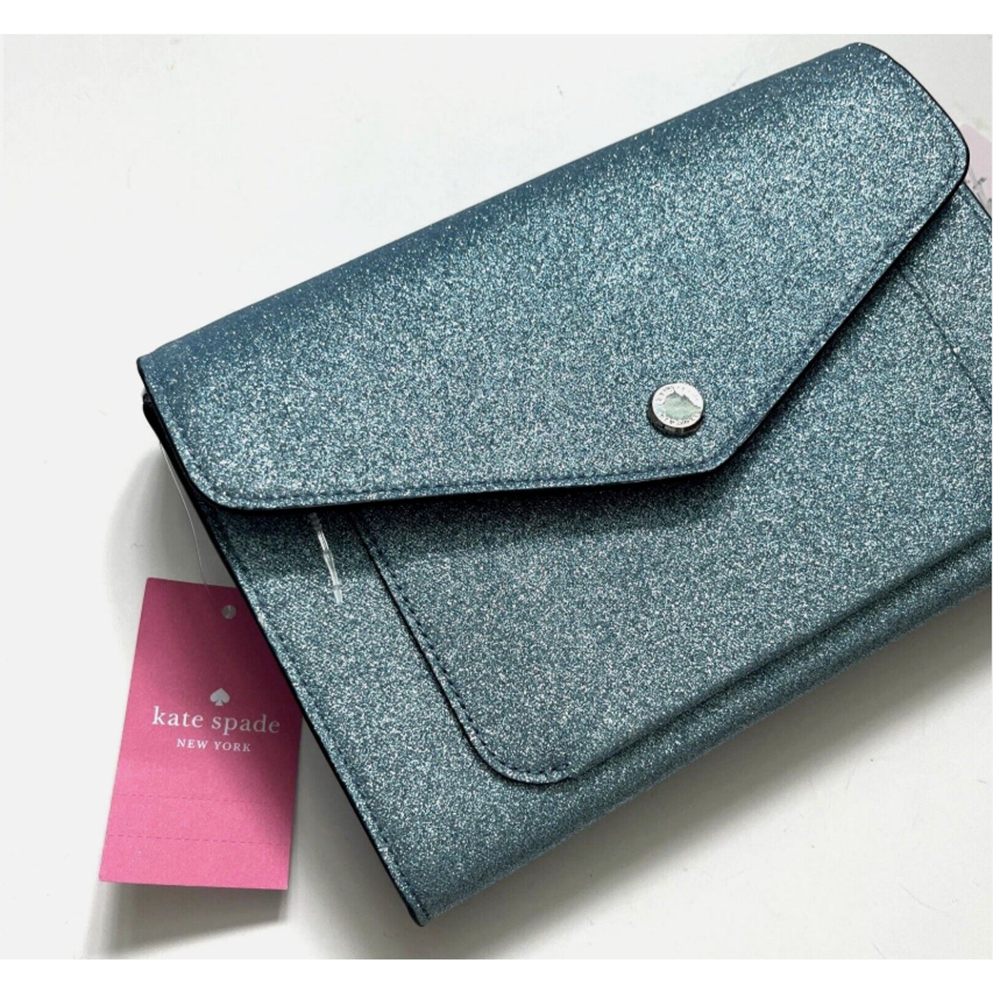 Kate Spade New York Glitter Fabric Frosty Sky Blue Tinsel Flap Crossbody K9336