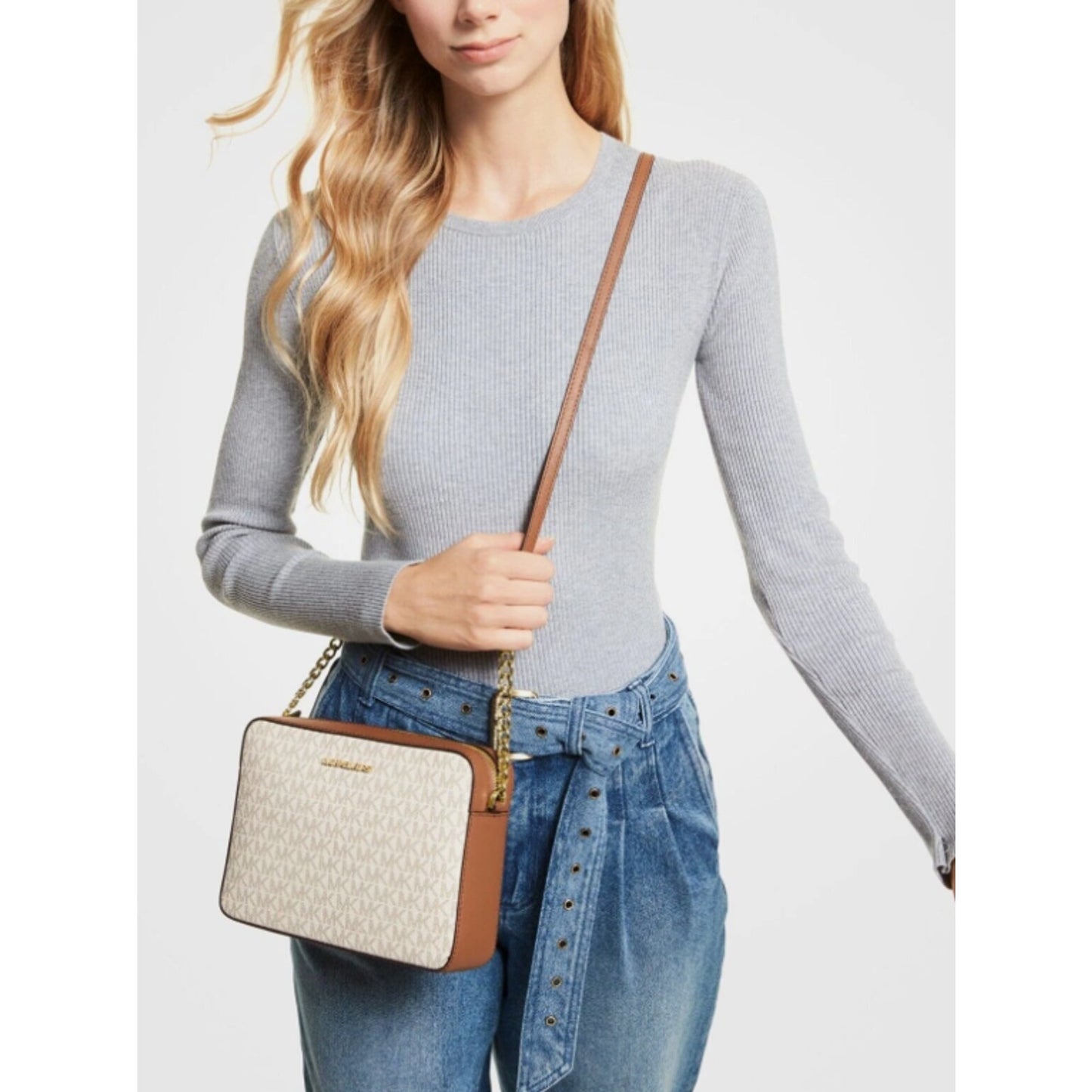 New Michael Kors Jet Set Large Logo Crossbody Bag Vanilla