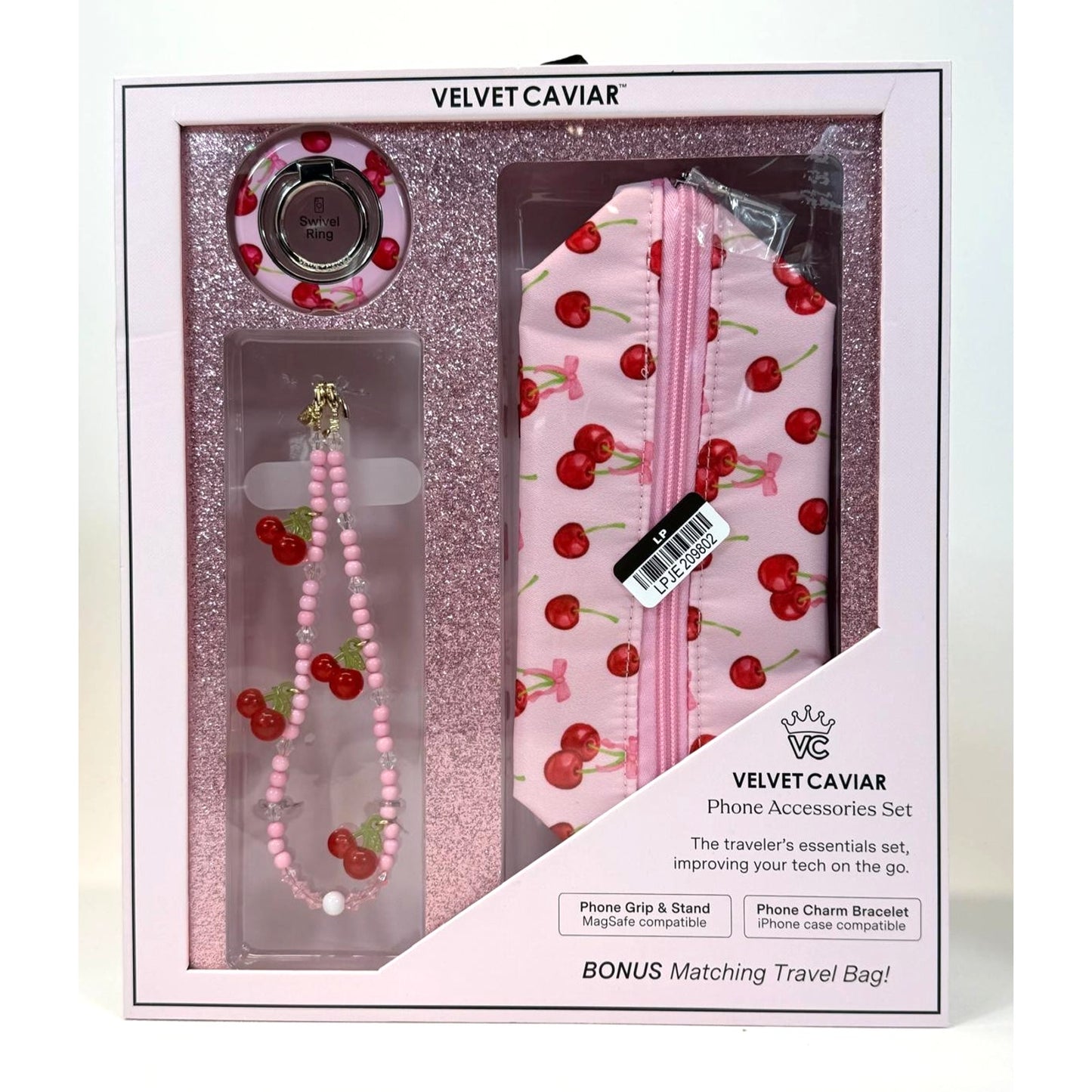 Velvet Caviar Pink Cherry Cell Phone Accessories Set Travel Bag Grip & Bracelet
