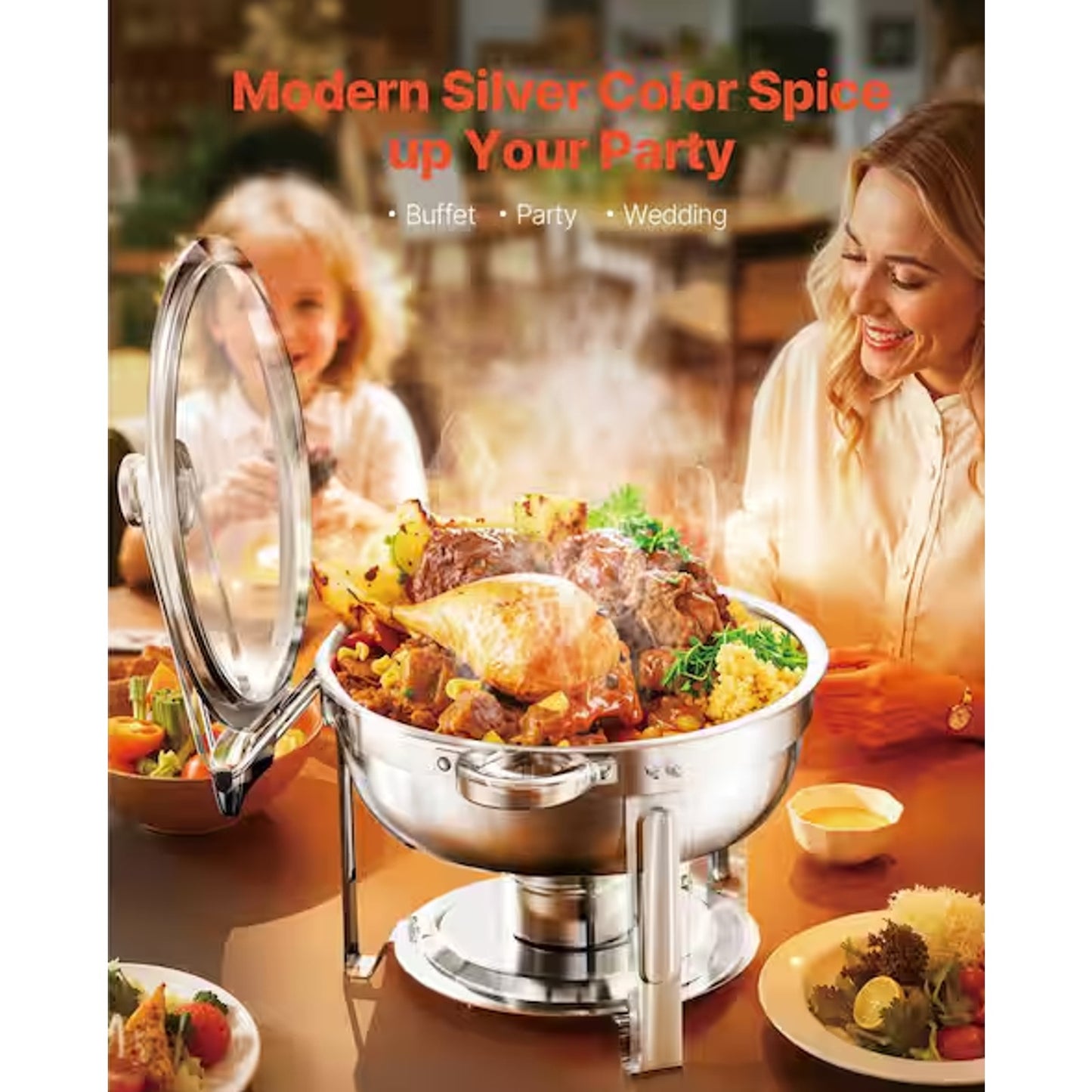 SVOPES 5 Qt 2 Pack Round Chafing Dish Buffet Set Full-Size Pan Stainless Steel