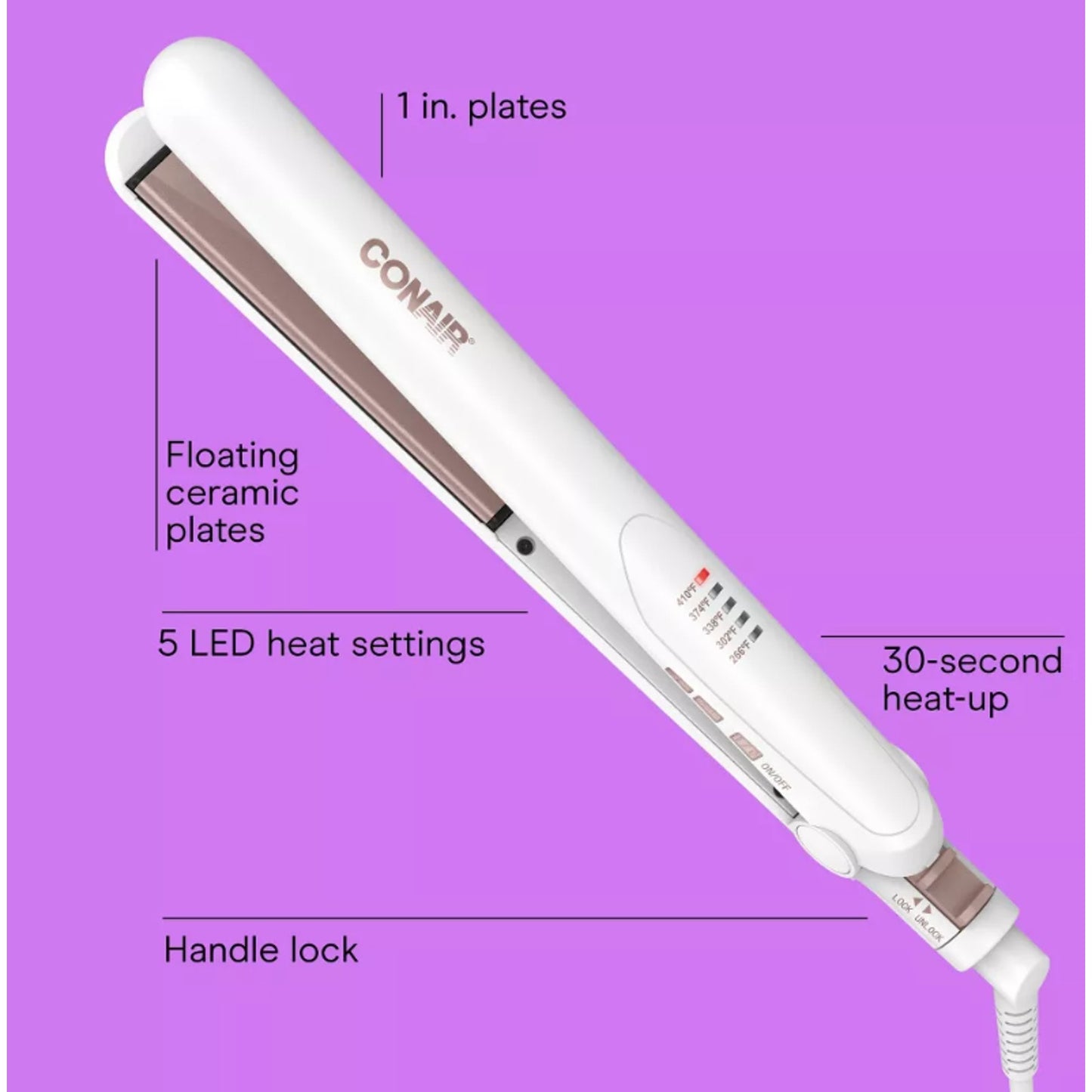 Conair Double Ceramic Flat Iron 1in Hair Straightener 5 Heat 410F White