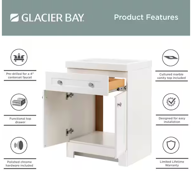 Everdean 25 in. Single Sink White Bath Vanity with White Cultured Marble Top (Assembled)