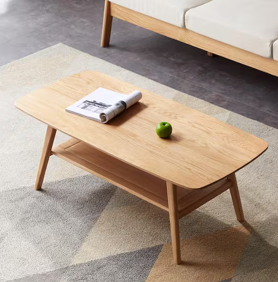 39.37 in. Natural Oak Rectangle 100% Solid Wood Low Coffee Table with Storage Shelf