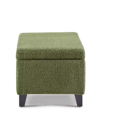 Breanna Modern Green Boucle Fabric Upholstery Storage Ottoman with Solid Wood Legs Flip-Top Lid