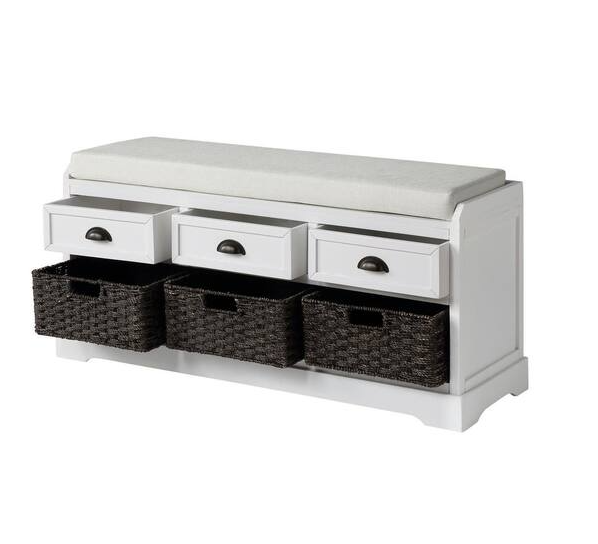 White Wood Entryway Bench Dining Bench with 3-Drawers and 3-Baskets, No Assembly Required 44.1 in. W