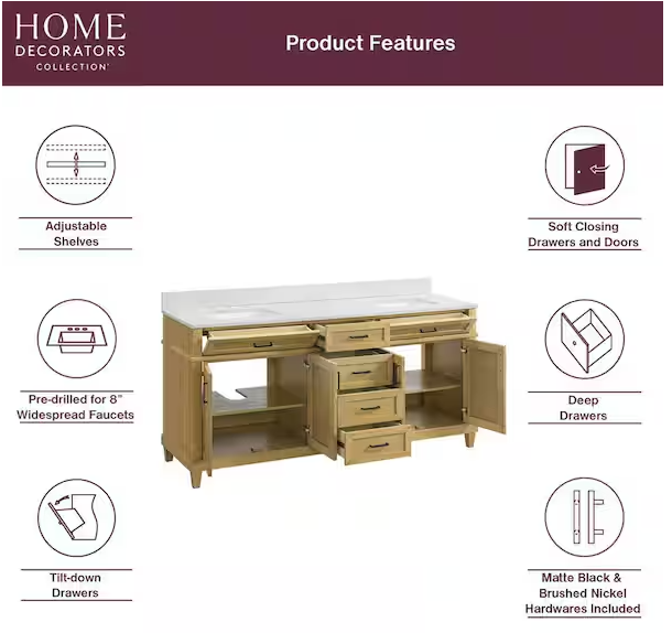 Talmore 72 in. Double Sink Light Oak Bath Vanity with White Engineered Marble Top (Assembled)