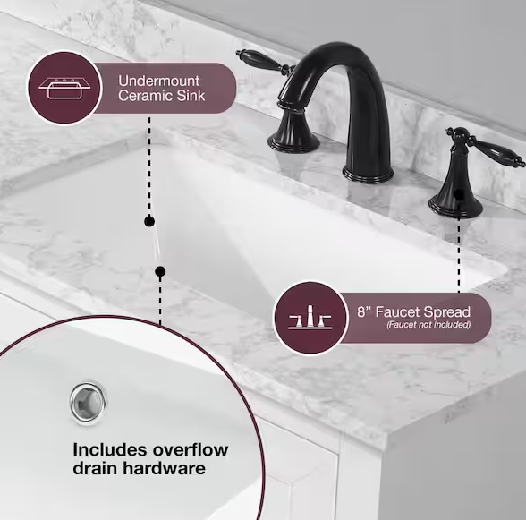 Doveton 60 in. Double Sink Freestanding White Bath Vanity with White Engineered Marble Top (Assembled)