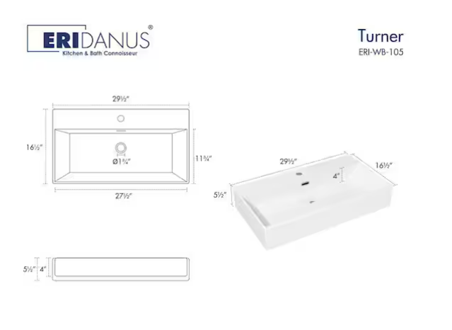 Turner Vitreous China 30 in. W x 16 in. D x 5 in. H Wall-Mount Bathroom Sink with Faucet Hole and Overflow in White