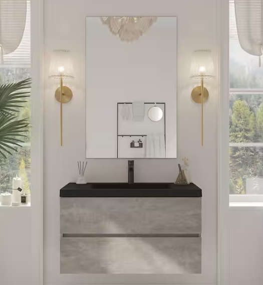 42 in. W Single Sink Wall Mount Floating Bath Vanity in Cement Grey with Black Quartz Sand Surface Top