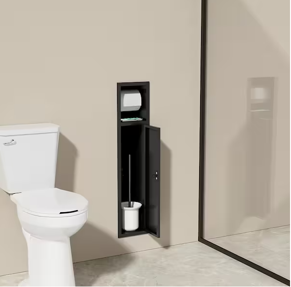 6 in. W x 25 in. H x 5.5 in. D Recessed Toilet Brush Holder with Cabinet, Shower Niche Toilet Paper Holder in Black
