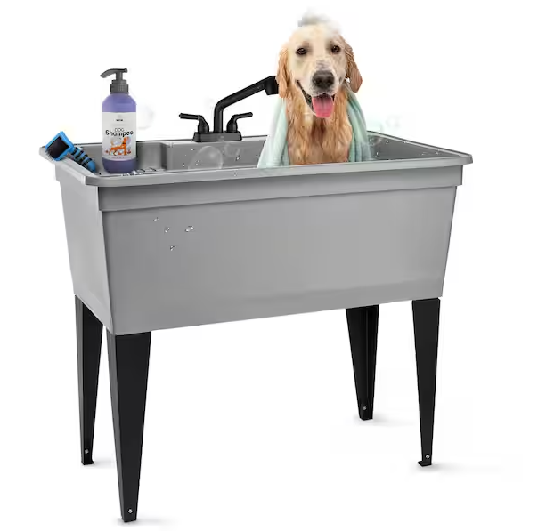 23.75 in. D x 39.5 in. W 37-Gallon Freestanding Laundry/Utility Sink in Gray with Black Pull-Out Faucet