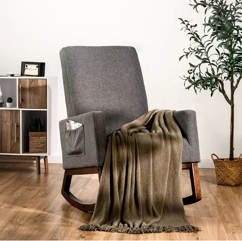 Costway Mid Century Retro Fabric Upholstered Rocking Chair Modern Armchair Beige\Gray
