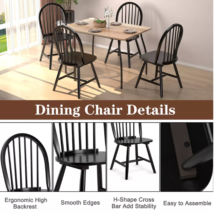 Costway Set of 2 Vintage Windsor Dining Side Chair Wood Spindleback Kitchen Room Black\White