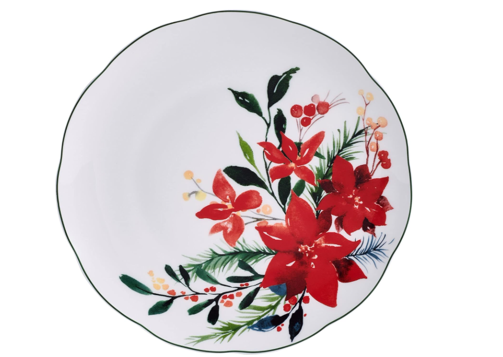New Mikasa Winter Poinsettia 16 Piece Dinnerware Set Bone China Service For 4