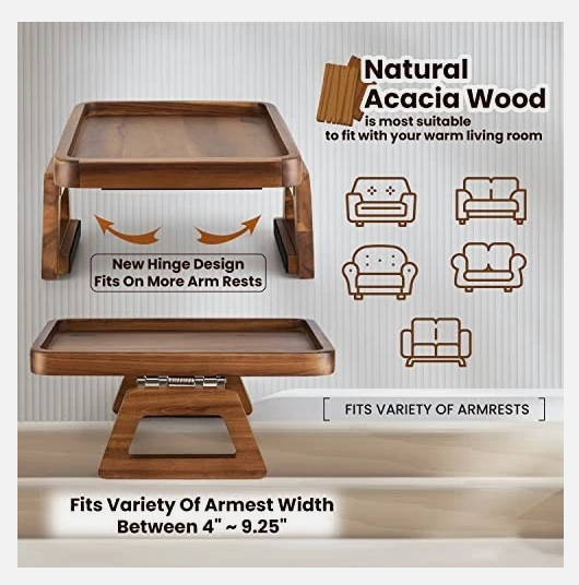 Smart Design Acacia Armrest Tray, Brown, Non-Slip Sofa Arm Clip Table for Drinks, Snacks & Devices