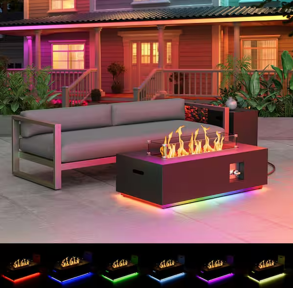 42 in. Propane Fire Pit Table, Gas Fire Pit Table with RGB LED Light, Lid and Blue Stone