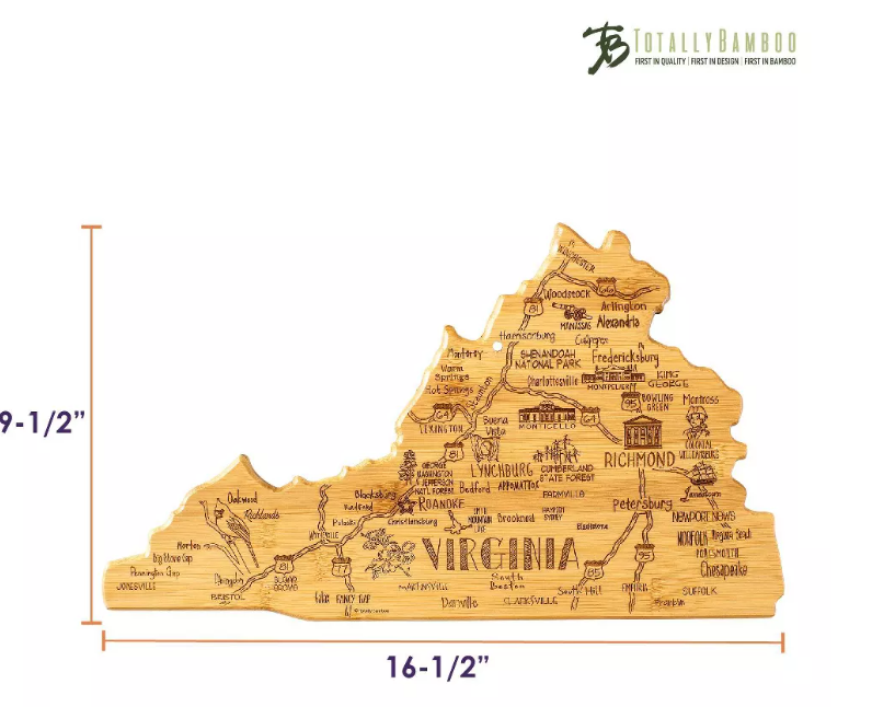 Totally Bamboo Destination Virginia Serving and Cutting Board: Virginia Shaped Charcuterie, Lightweight Bamboo, 16.5"