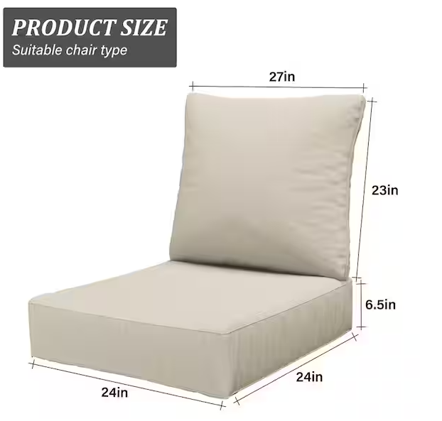 24 in. x 24 in. x 6.5 in. Outdoor Repacement Deep Seating Lounge Chair Cushion with Backrest Cream