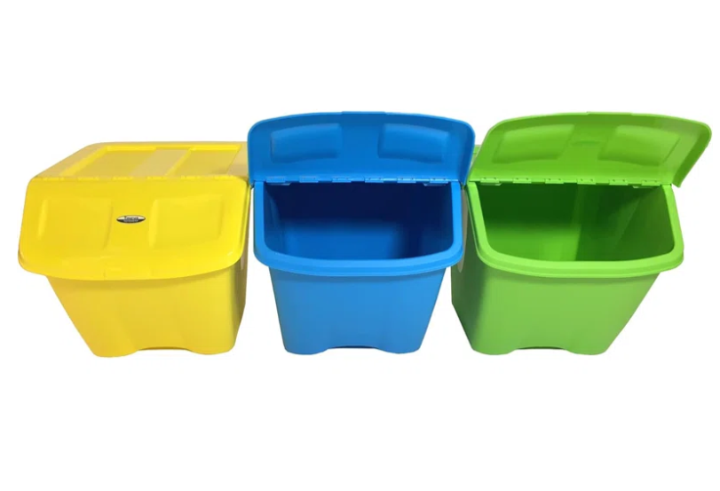 10-Gal Stackable Shutter Bins, 3-Piece Recycling Storage Set, Multi-Color