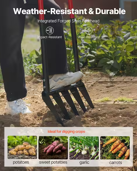 5-Tine Broad Fork with Dual Fiberglass Handles, Durable Garden Tool with U-Shaped Design, Handle 42.13 in. L Garden Fork