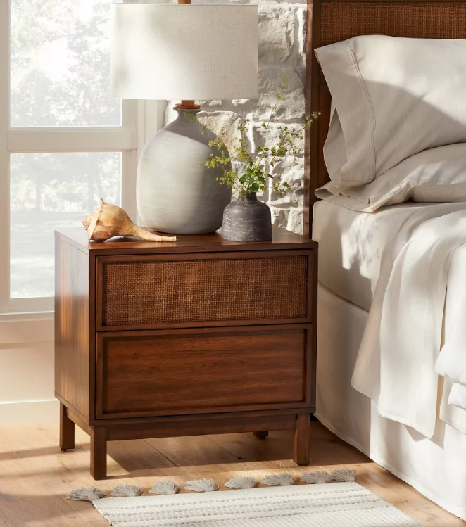 Wood & Cane Transitional Nightstand Brown - Hearth & Hand™ with Magnolia: 2-Drawer Design, Farmhouse Style