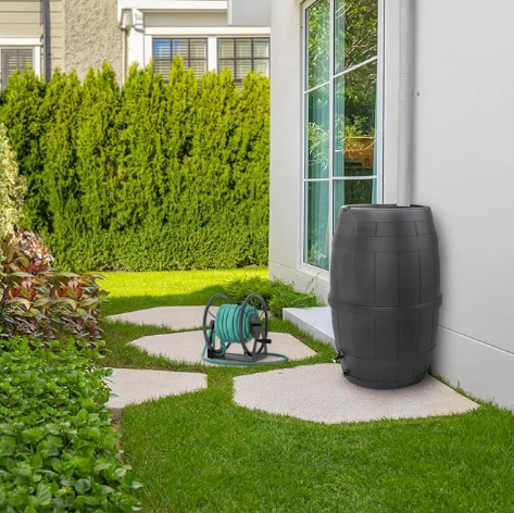 Garden Central 39-Gallon Rain Barrel with Brass Spigot, Black Plastic Outdoor Water Collection Container with Planter Top for Gardening & Lawn