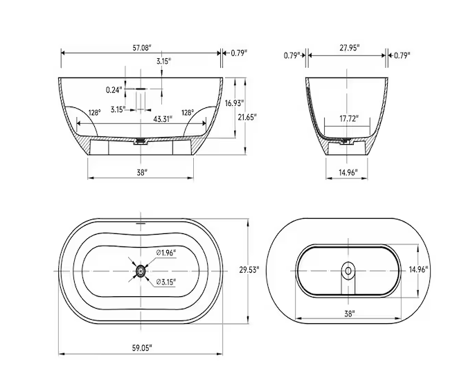 59 in. Stone Resin Flatbottom Solid Surface Freestanding Double Slipper Soaking Bathtub in White with Brass Drain