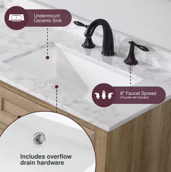 Doveton 60 in. Double Sink Freestanding Weathered Tan Bath Vanity with White Engineered Marble Top (Assembled)