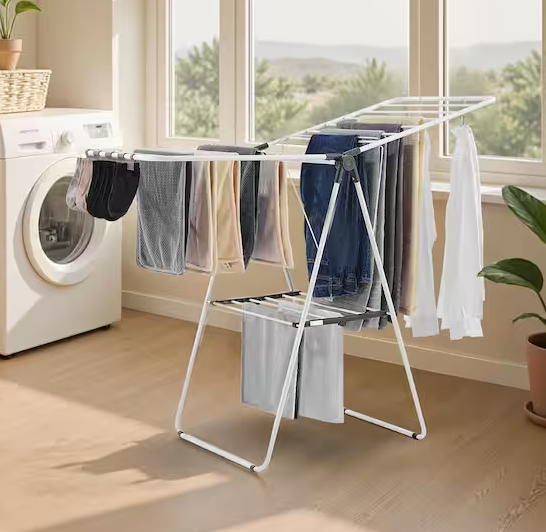 2-Tier Foldable Laundry Dryer Rack with 21 Drying Rods, Sock Clips, Metal Height-Adjustable, White