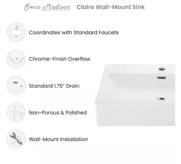 Claire 23.63 in. Rectangle Wall Mount Bathroom Sink in Glossy White