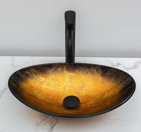 18-1/2 in. Boat-Shaped Brown Tempered Glass Bathroom Vessel Sink with Black Drain