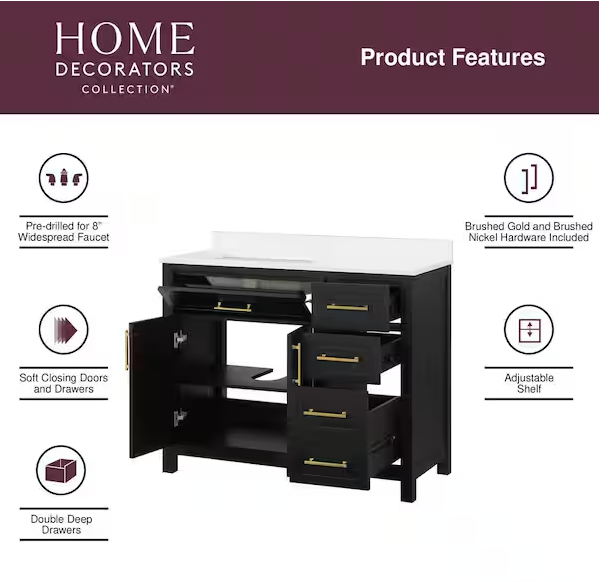 Beaufort 42 in. Single Sink Black Bath Vanity with White Engineered Stone Top (Assembled)