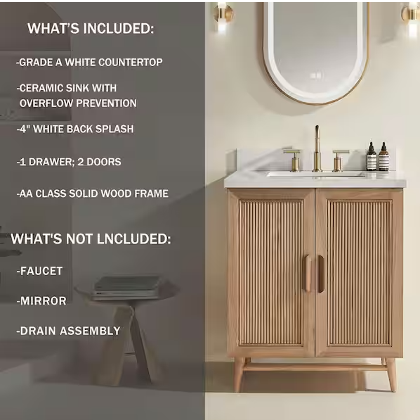 30 in. Brown Solid Wood Freestanding Bath Vanity with White Carrara Engineered Marble Top, Backsplash, Fully Assembled