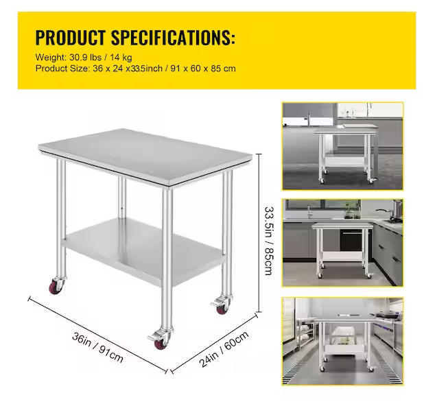 36 in. x 24 in. with 4 Wheels Stainless Steel Work Table Commercial Kitchen Prep Table Heavy Duty Work Table Silver
