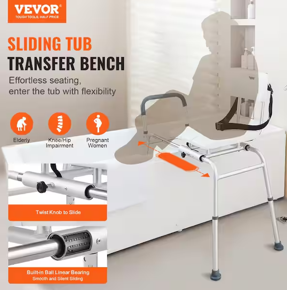 Sliding Tub Transfer Bench 14.2 in. W Freestanding Shower Bench Reversible Backrest Shower Bench in White