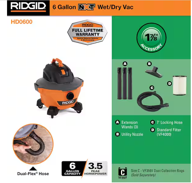 6 Gal. 3.5 Peak HP NXT Shop Vacuum Wet Dry Vac with General Debris Filter, Locking Hose and Attachments HD06001