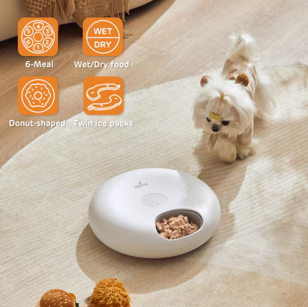 Donuts Frost Wi-Fi 6 Meal Automatic Dog/Cat Food Feeder with App Control, 2 Ice Packs, Timer, Holds 6 x 1/2 lbs. of Food
