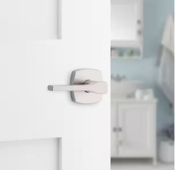 Tripoli Satin Nickel Privacy Bed/Bath Door Handle with Soft Modern Rose