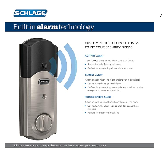 SCHLAGE BE469ZP CAM 619 Connect Smart Deadbolt with alarm with Camelot Trim in Satin Nickel, Z-Wave Plus enabled