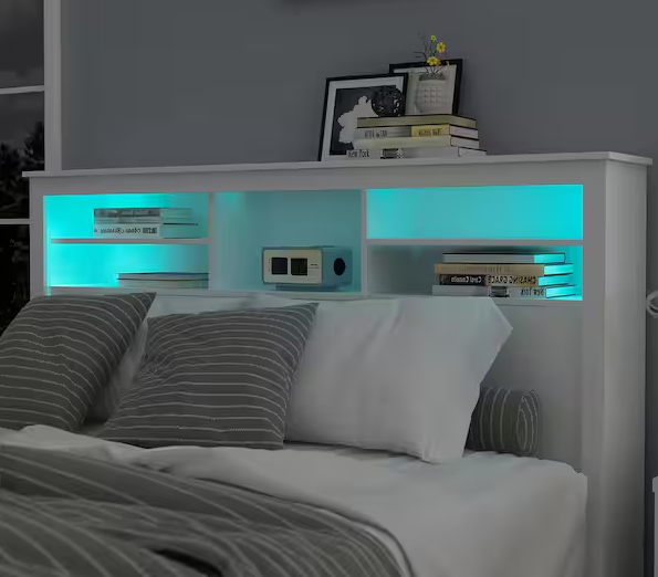 5-Shelves White Wood Full Queen Headboard Shelf With LED Lights