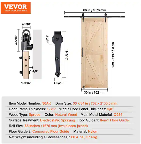 Barn Door and Hardware Kit, 30 x 84 x 1.38 in. Wood Sliding Barn Door, Smoothly and Quietly, Access Door
