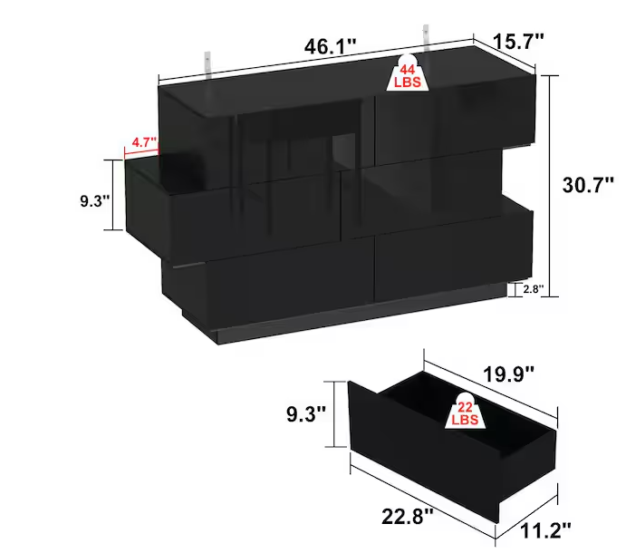 15.7 in. D x 30.7 in. H High Gloss Black Wood 6-Drawer 46.1 in. W Chest of Drawers Storage Cabinet Modern Style