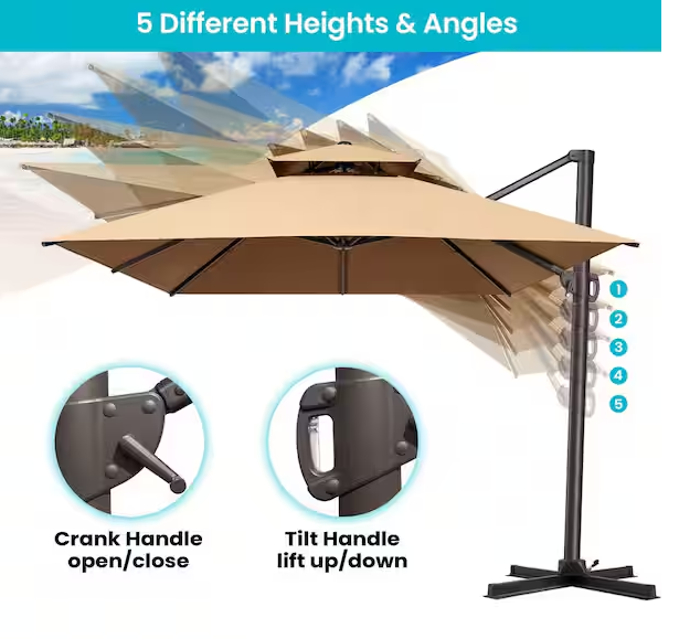 Double Top 13 ft. x 10 ft. Aluminum Outdoor Cantilever Offset 360° Rotation Patio Umbrella in Tan with 350 lbs. Base